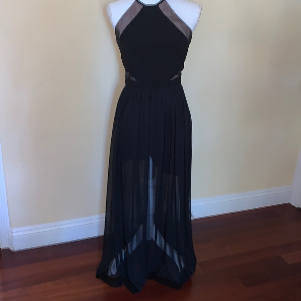 Morgan & Co. Black Halter Long Dress Open Back Sheer Bottom Whimsigoth Size 5/6